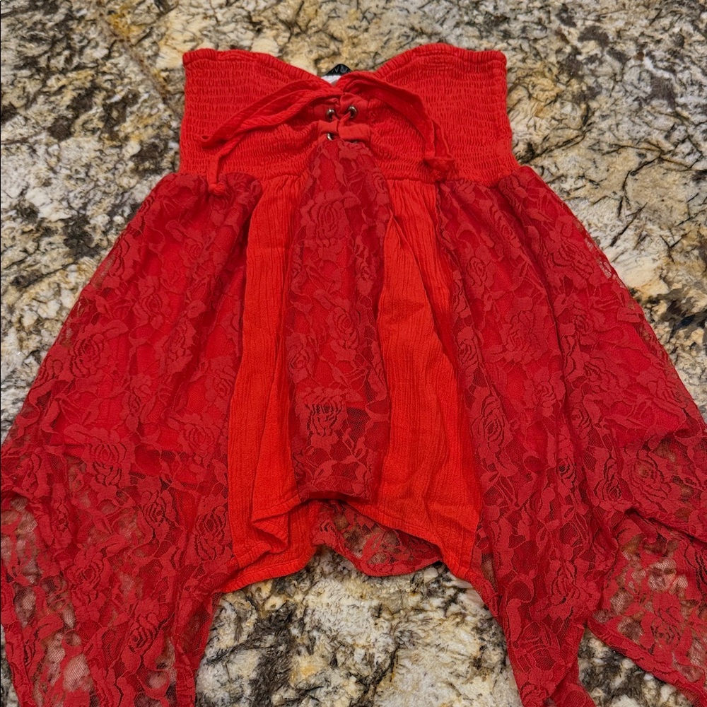 VENUS Vibrant Red Asymmetrical Lace Top
